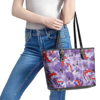 Lavender Palaka Hawaii Aloha Leather Tote Bag Koi Pond Mix Orchids - Polynesian Pride