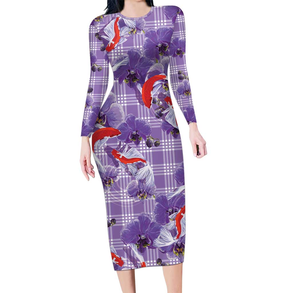 Lavender Palaka Hawaii Aloha Long Sleeve Bodycon Dress Koi Pond Mix Orchids LT7 Long Dress Purple - Polynesian Pride