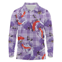 Lavender Palaka Hawaii Aloha Long Sleeve Polo Shirt Koi Pond Mix Orchids - Polynesian Pride