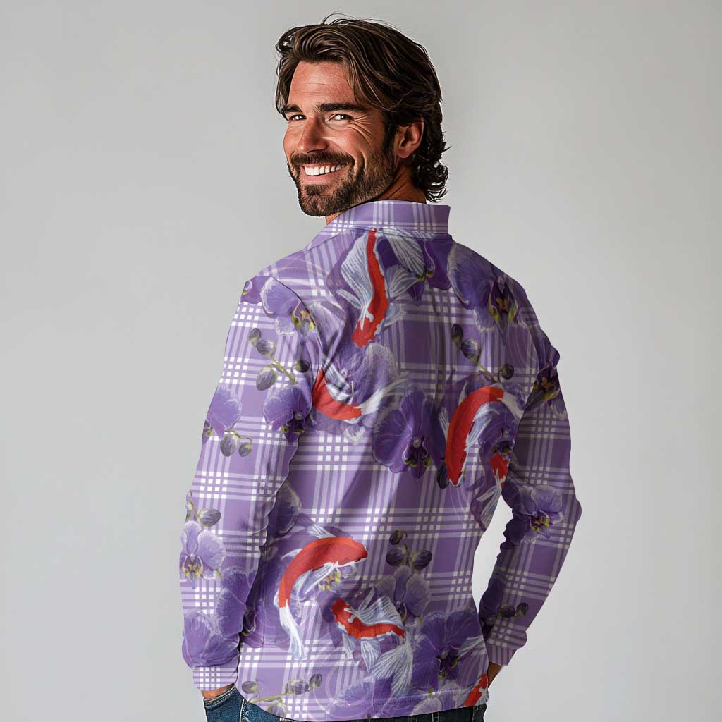 Lavender Palaka Hawaii Aloha Long Sleeve Polo Shirt Koi Pond Mix Orchids - Polynesian Pride