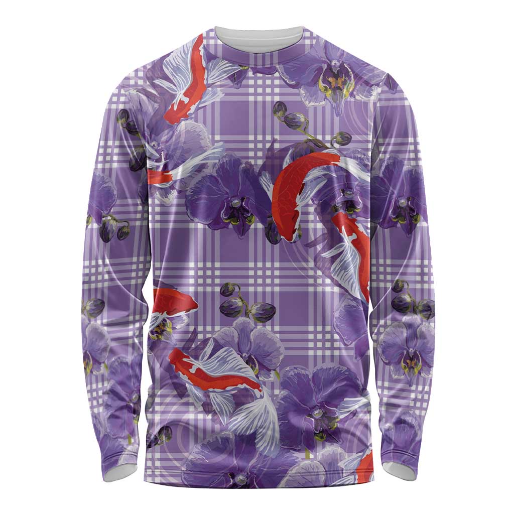 Lavender Palaka Hawaii Aloha Long Sleeve Shirt Koi Pond Mix Orchids - Polynesian Pride