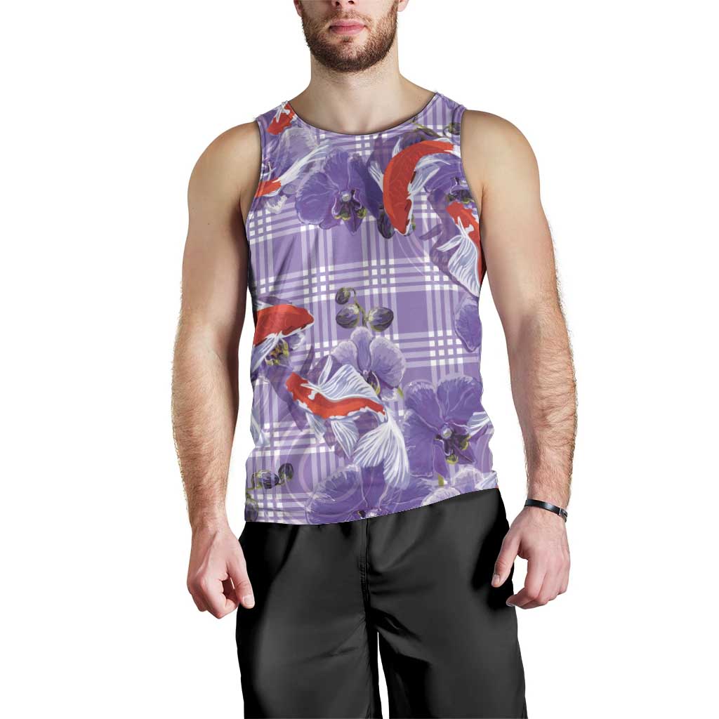 Lavender Palaka Hawaii Aloha Men Tank Top Koi Pond Mix Orchids - Polynesian Pride