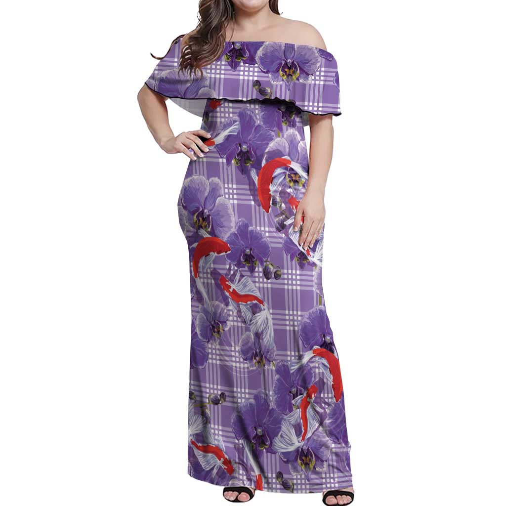 Lavender Palaka Hawaii Aloha Off Shoulder Maxi Dress Koi Pond Mix Orchids - Polynesian Pride
