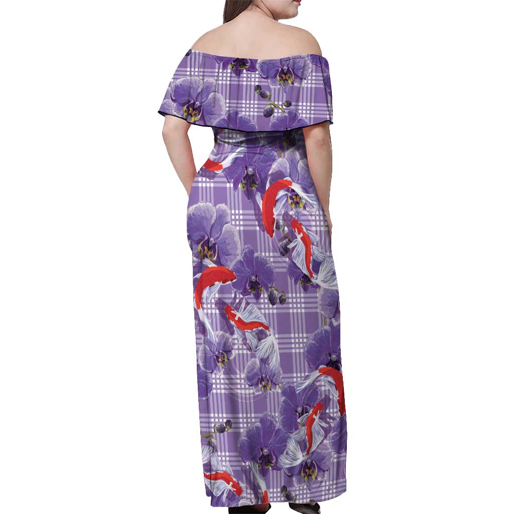 Lavender Palaka Hawaii Aloha Off Shoulder Maxi Dress Koi Pond Mix Orchids LT7 - Polynesian Pride