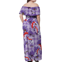 Lavender Palaka Hawaii Aloha Off Shoulder Maxi Dress Koi Pond Mix Orchids LT7 - Polynesian Pride