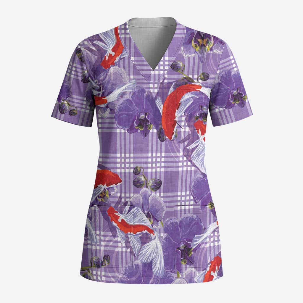 Lavender Palaka Hawaii Aloha Scrub Top Koi Pond Mix Orchids - Polynesian Pride