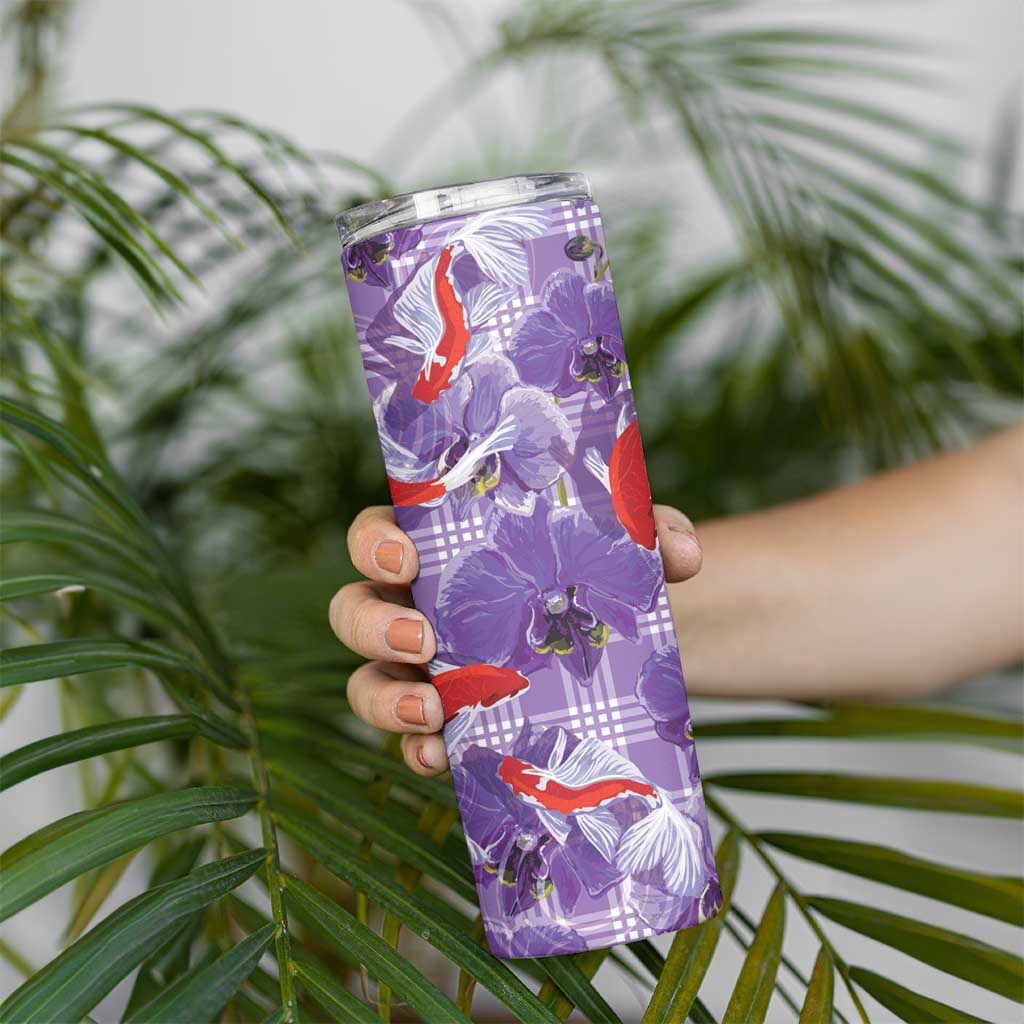 Lavender Palaka Hawaii Aloha Skinny Tumbler Koi Pond Mix Orchids - Polynesian Pride
