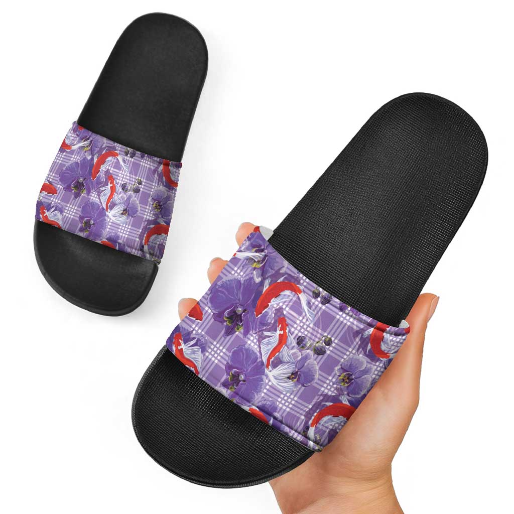 Lavender Palaka Hawaii Aloha Slide Sandals Koi Pond Mix Orchids - Polynesian Pride