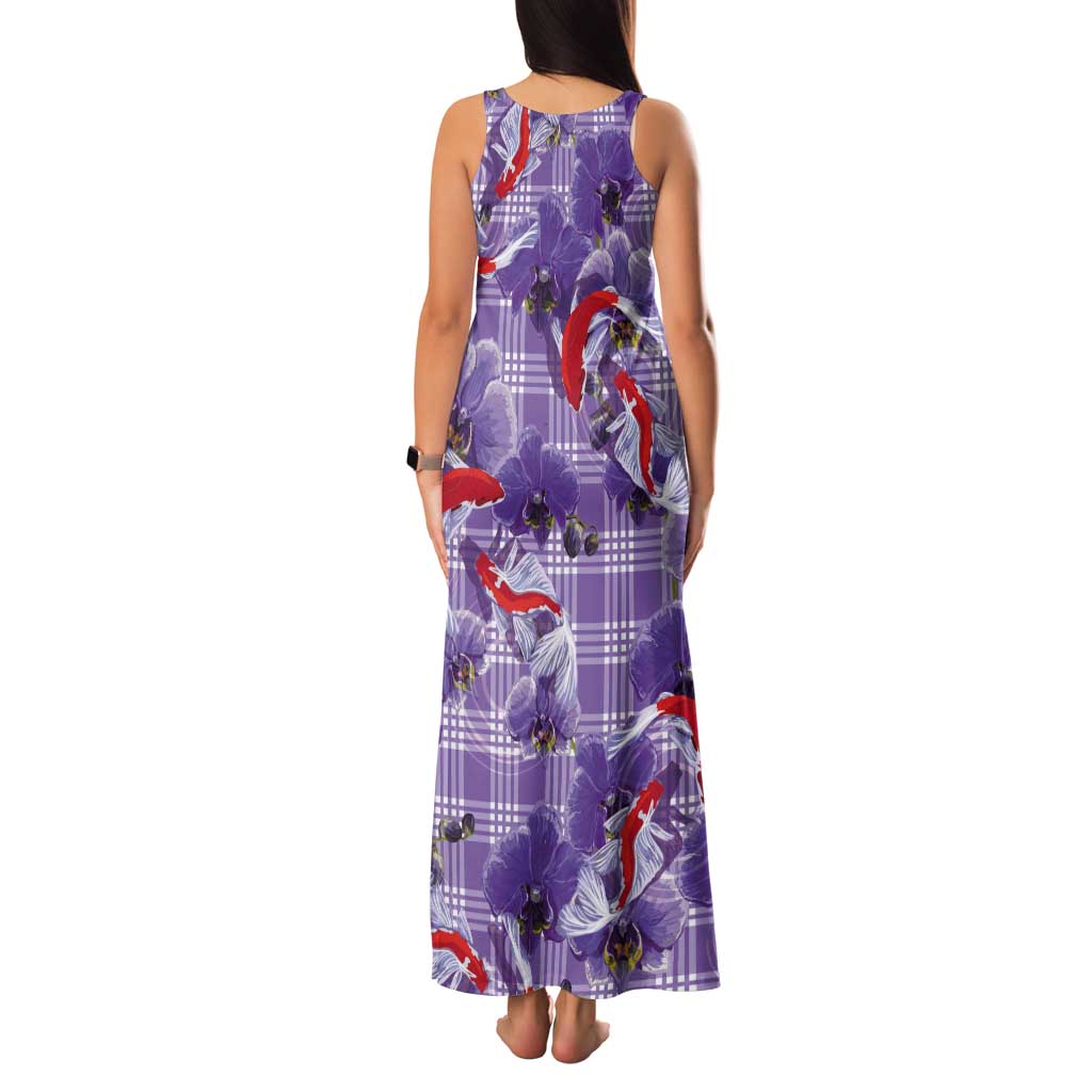 Lavender Palaka Hawaii Aloha Tank Maxi Dress Koi Pond Mix Orchids - Polynesian Pride