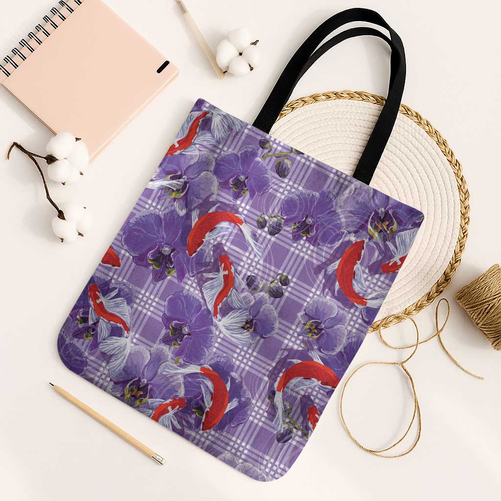 Lavender Palaka Hawaii Aloha Tote Bag Koi Pond Mix Orchids - Polynesian Pride