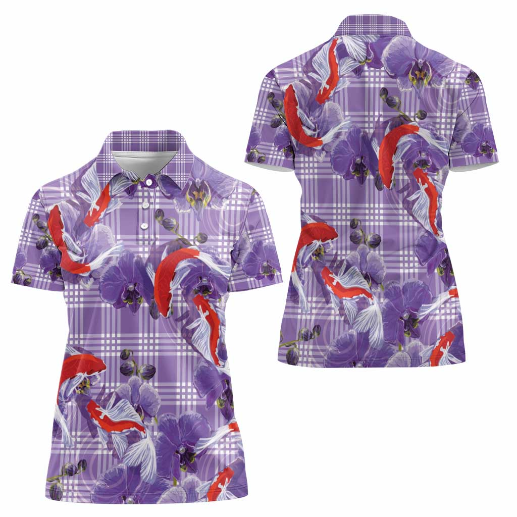 Lavender Palaka Hawaii Aloha Women Polo Shirt Koi Pond Mix Orchids - Polynesian Pride