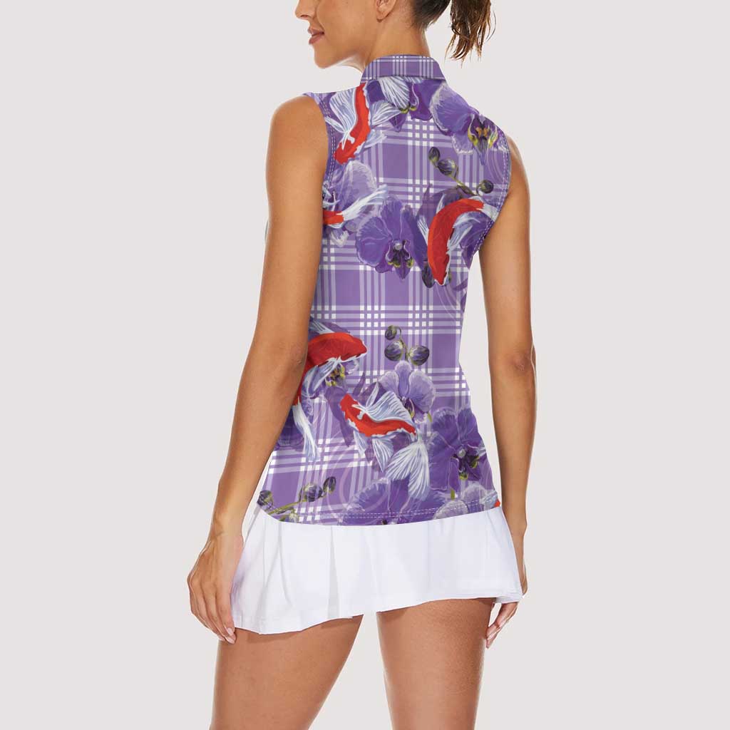 Lavender Palaka Hawaii Aloha Women Sleeveless Polo Shirt Koi Pond Mix Orchids - Polynesian Pride
