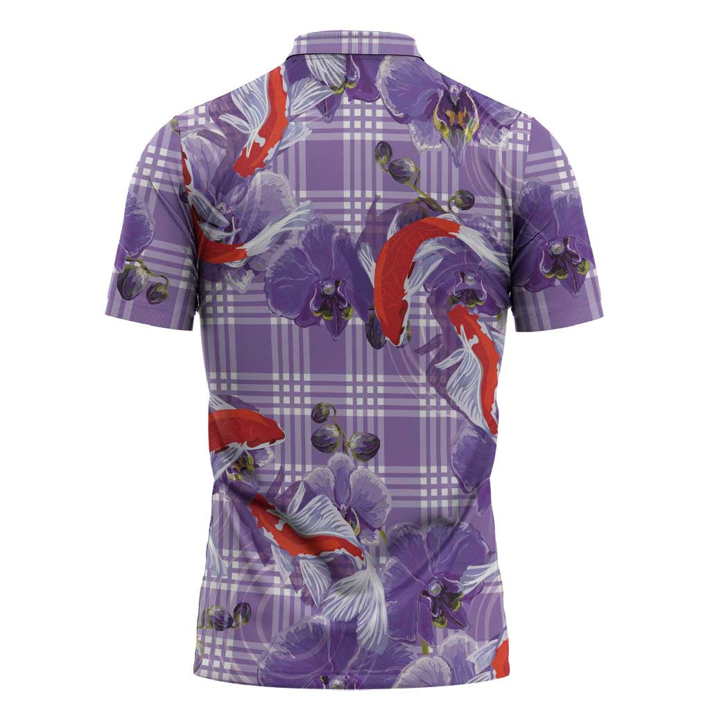 Lavender Palaka Hawaii Aloha Zipper Polo Shirt Koi Pond Mix Orchids LT7 - Polynesian Pride