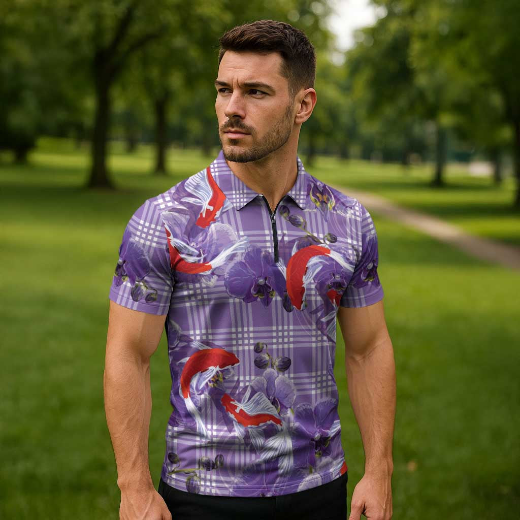 Lavender Palaka Hawaii Aloha Zipper Polo Shirt Koi Pond Mix Orchids LT7 - Polynesian Pride