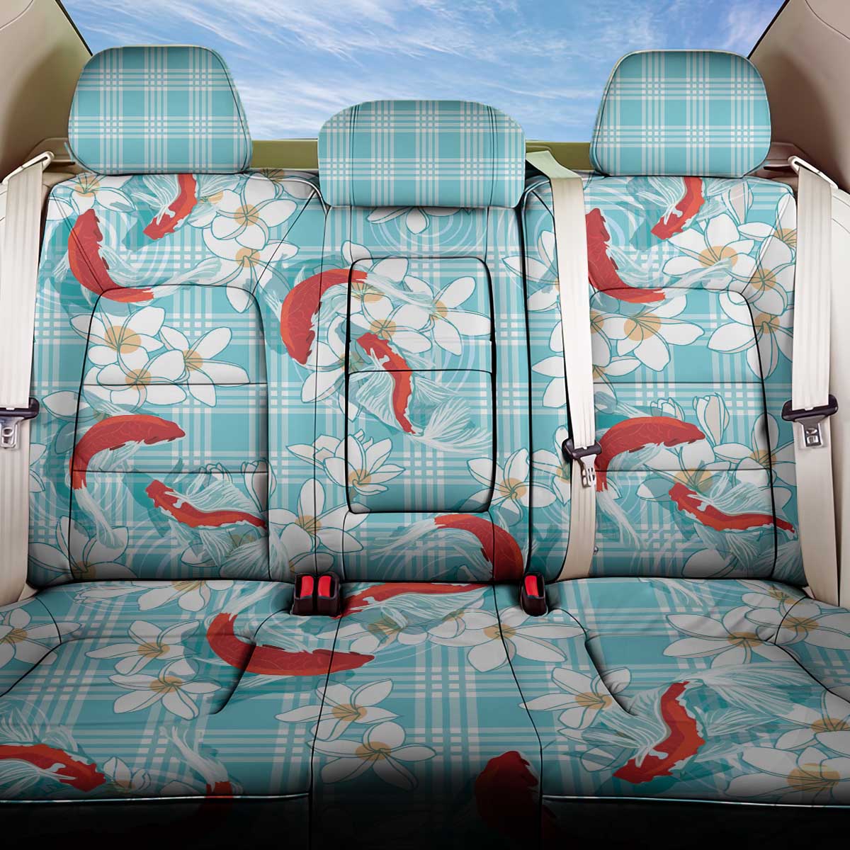 Turquoise Palaka Hawaii Aloha Back Car Seat Cover Koi Pond Mix Plumeria - Polynesian Pride
