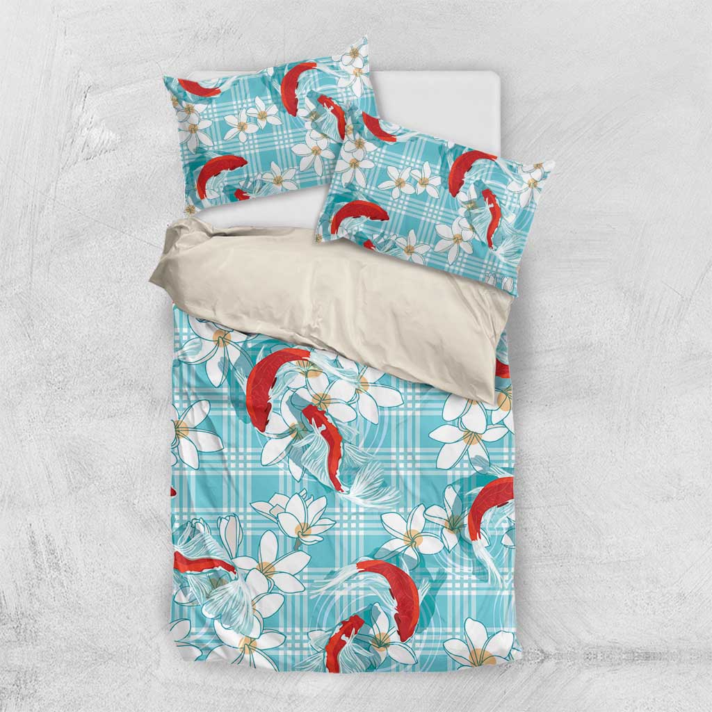 Turquoise Palaka Hawaii Aloha Bedding Set Koi Pond Mix Plumeria - Polynesian Pride