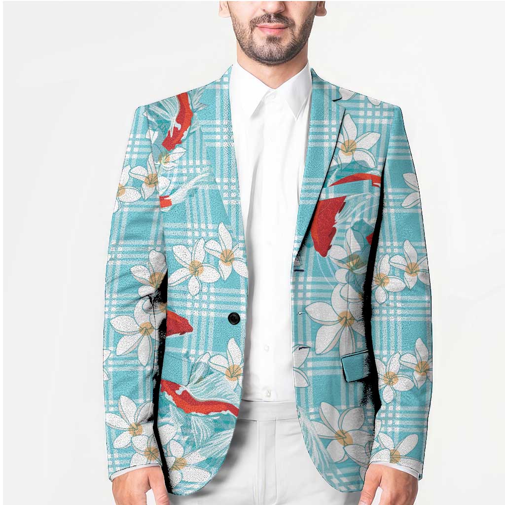 Turquoise Palaka Hawaii Aloha Blazer Koi Pond Mix Plumeria - Polynesian Pride