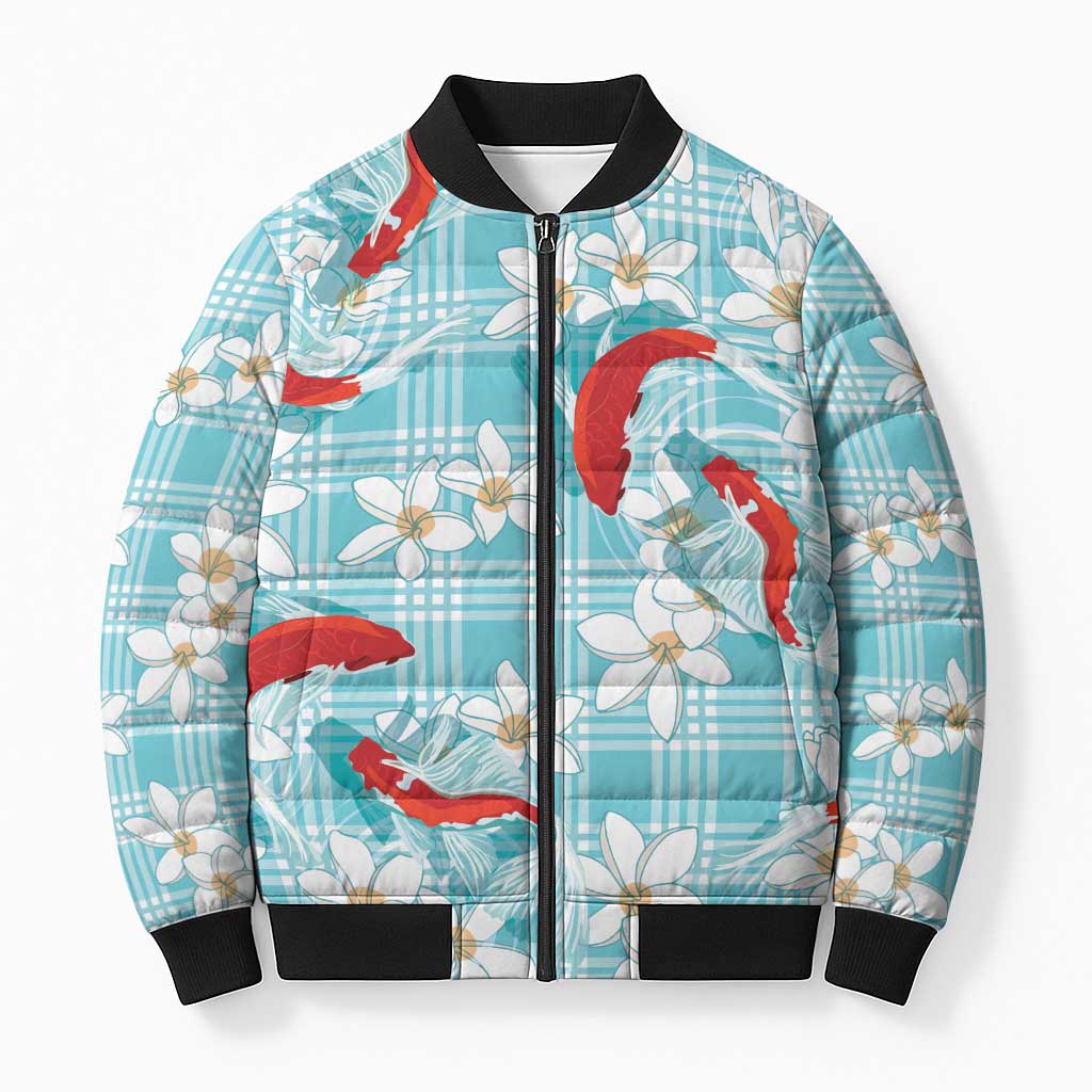 Turquoise Palaka Hawaii Aloha Bomber Puffer Jacket Koi Pond Mix Plumeria - Polynesian Pride