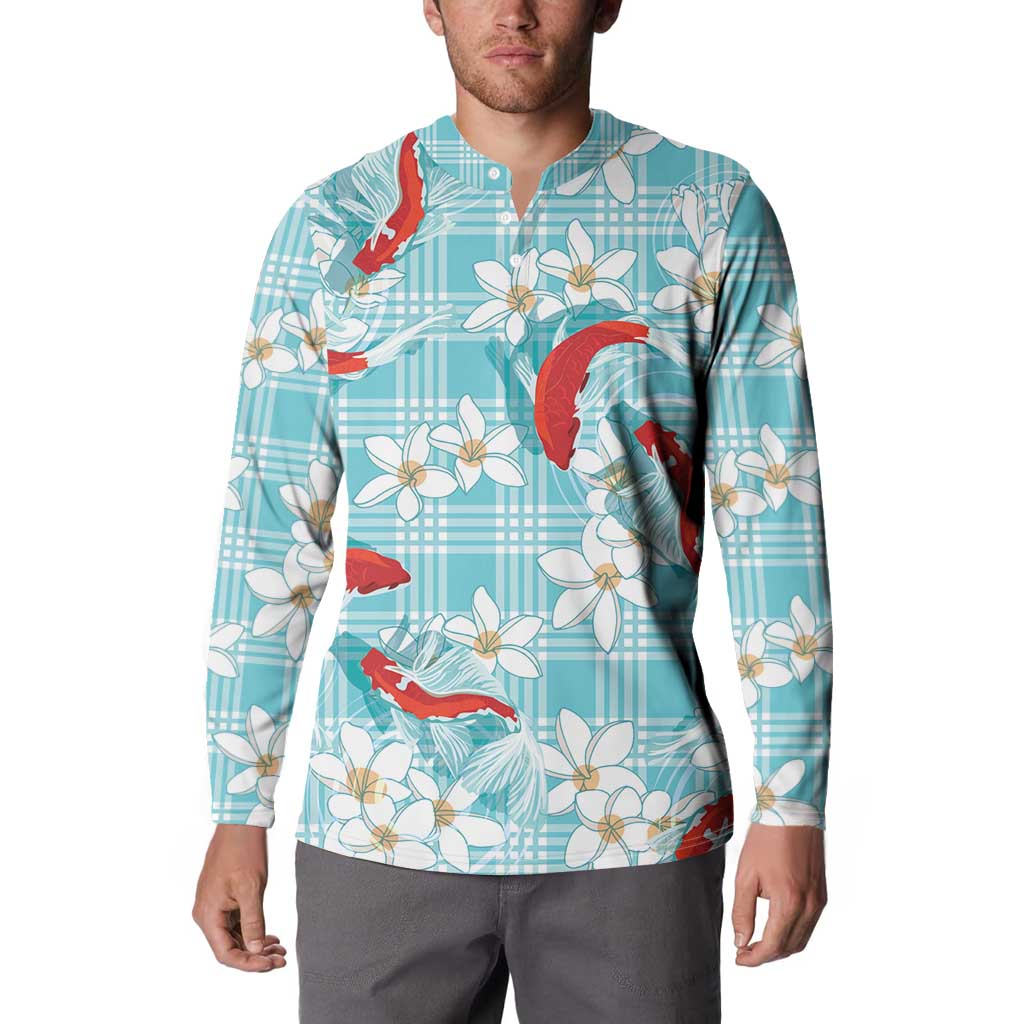Turquoise Palaka Hawaii Aloha Button Sweatshirt Koi Pond Mix Plumeria - Polynesian Pride