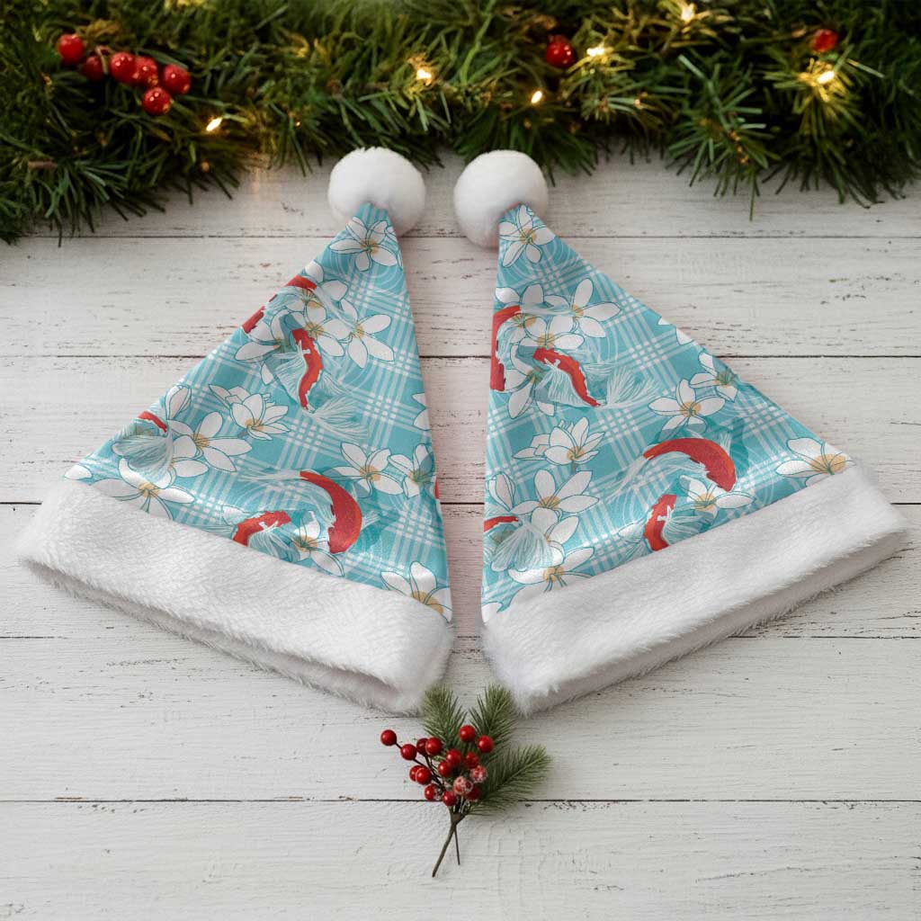 Turquoise Palaka Hawaii Aloha Christmas Santa Hat Koi Pond Mix Plumeria - Polynesian Pride