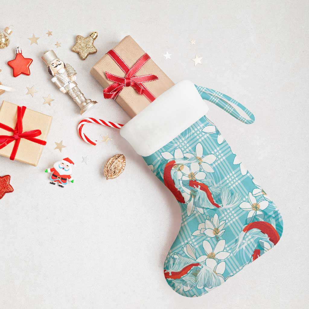 Turquoise Palaka Hawaii Aloha Christmas Stocking Koi Pond Mix Plumeria - Polynesian Pride