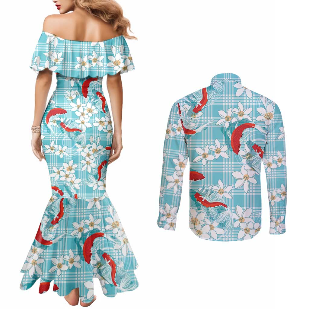 Turquoise Palaka Hawaii Aloha Couples Matching Mermaid Dress and Long Sleeve Button Shirt Koi Pond Mix Plumeria - Polynesian Pride