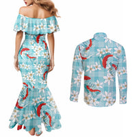 Turquoise Palaka Hawaii Aloha Couples Matching Mermaid Dress and Long Sleeve Button Shirt Koi Pond Mix Plumeria - Polynesian Pride