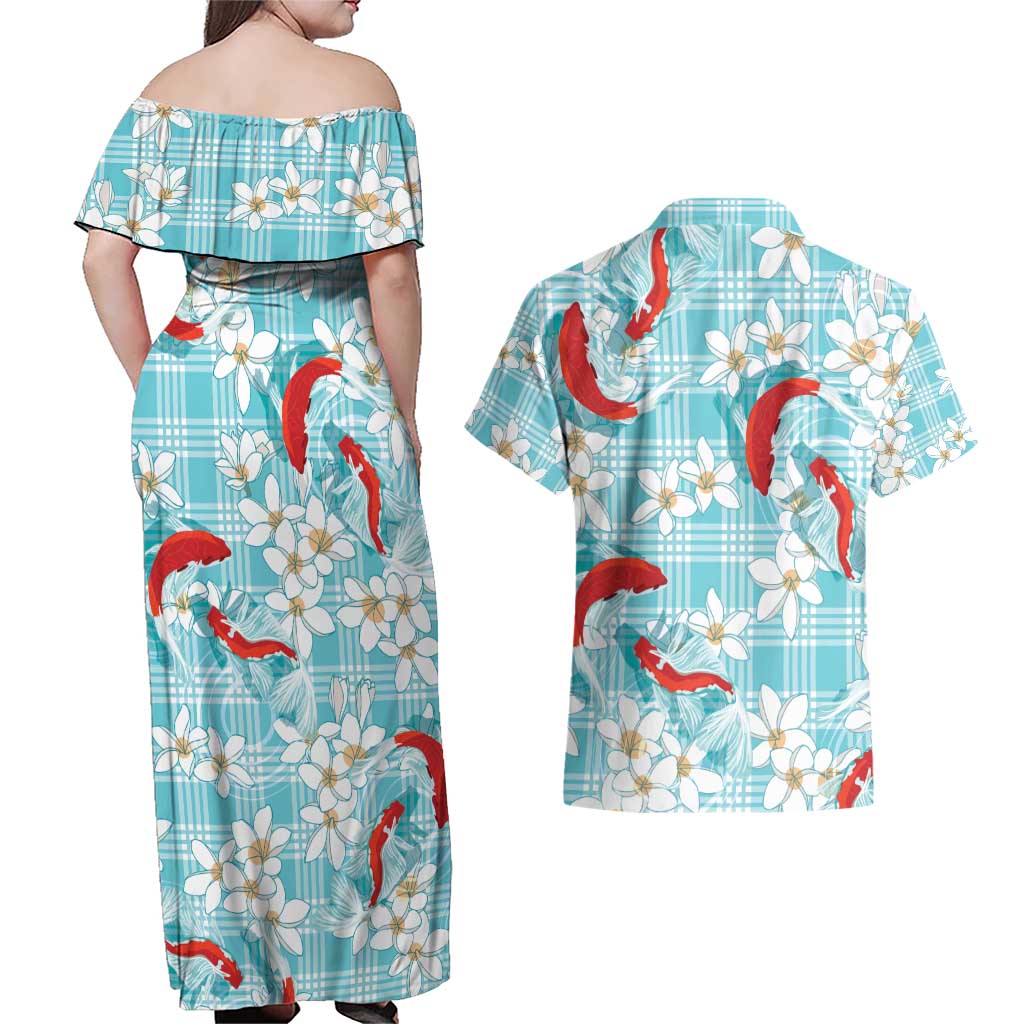 Turquoise Palaka Hawaii Aloha Couples Matching Off Shoulder Maxi Dress and Hawaiian Shirt Koi Pond Mix Plumeria - Polynesian Pride