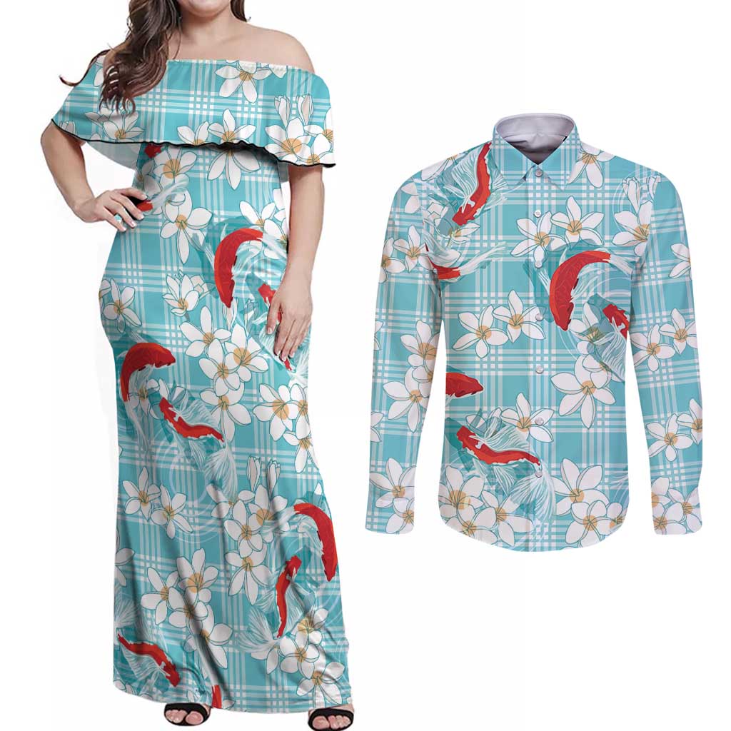 Turquoise Palaka Hawaii Aloha Couples Matching Off Shoulder Maxi Dress and Long Sleeve Button Shirt Koi Pond Mix Plumeria - Polynesian Pride
