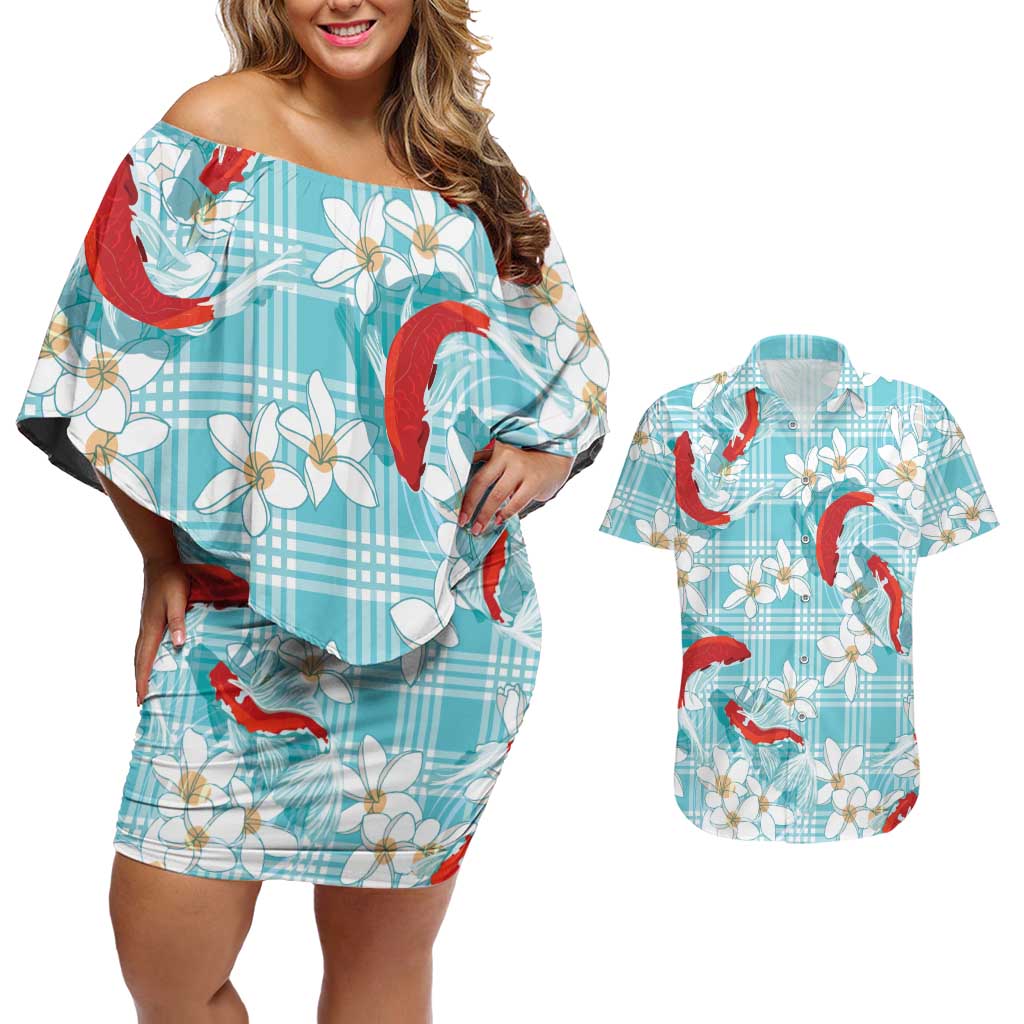Turquoise Palaka Hawaii Aloha Couples Matching Off Shoulder Short Dress and Hawaiian Shirt Koi Pond Mix Plumeria LT7 Turquoise - Polynesian Pride