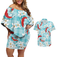 Turquoise Palaka Hawaii Aloha Couples Matching Off Shoulder Short Dress and Hawaiian Shirt Koi Pond Mix Plumeria LT7 Turquoise - Polynesian Pride