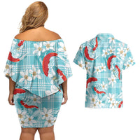 Turquoise Palaka Hawaii Aloha Couples Matching Off Shoulder Short Dress and Hawaiian Shirt Koi Pond Mix Plumeria LT7 - Polynesian Pride
