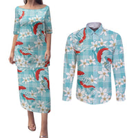 Turquoise Palaka Hawaii Aloha Couples Matching Puletasi and Long Sleeve Button Shirt Koi Pond Mix Plumeria - Polynesian Pride