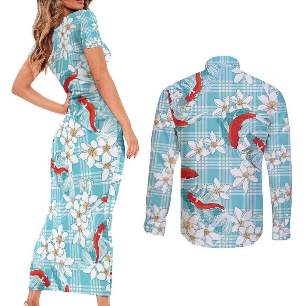 Turquoise Palaka Hawaii Aloha Couples Matching Short Sleeve Bodycon Dress and Long Sleeve Button Shirt Koi Pond Mix Plumeria - Polynesian Pride
