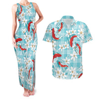 Turquoise Palaka Hawaii Aloha Couples Matching Tank Maxi Dress and Hawaiian Shirt Koi Pond Mix Plumeria - Polynesian Pride