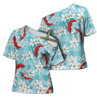 Turquoise Palaka Hawaii Aloha Cross Shoulder Shirt Koi Pond Mix Plumeria - Polynesian Pride