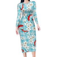Turquoise Palaka Hawaii Aloha Family Matching Long Sleeve Bodycon Dress and Hawaiian Shirt Koi Pond Mix Plumeria - Polynesian Pride