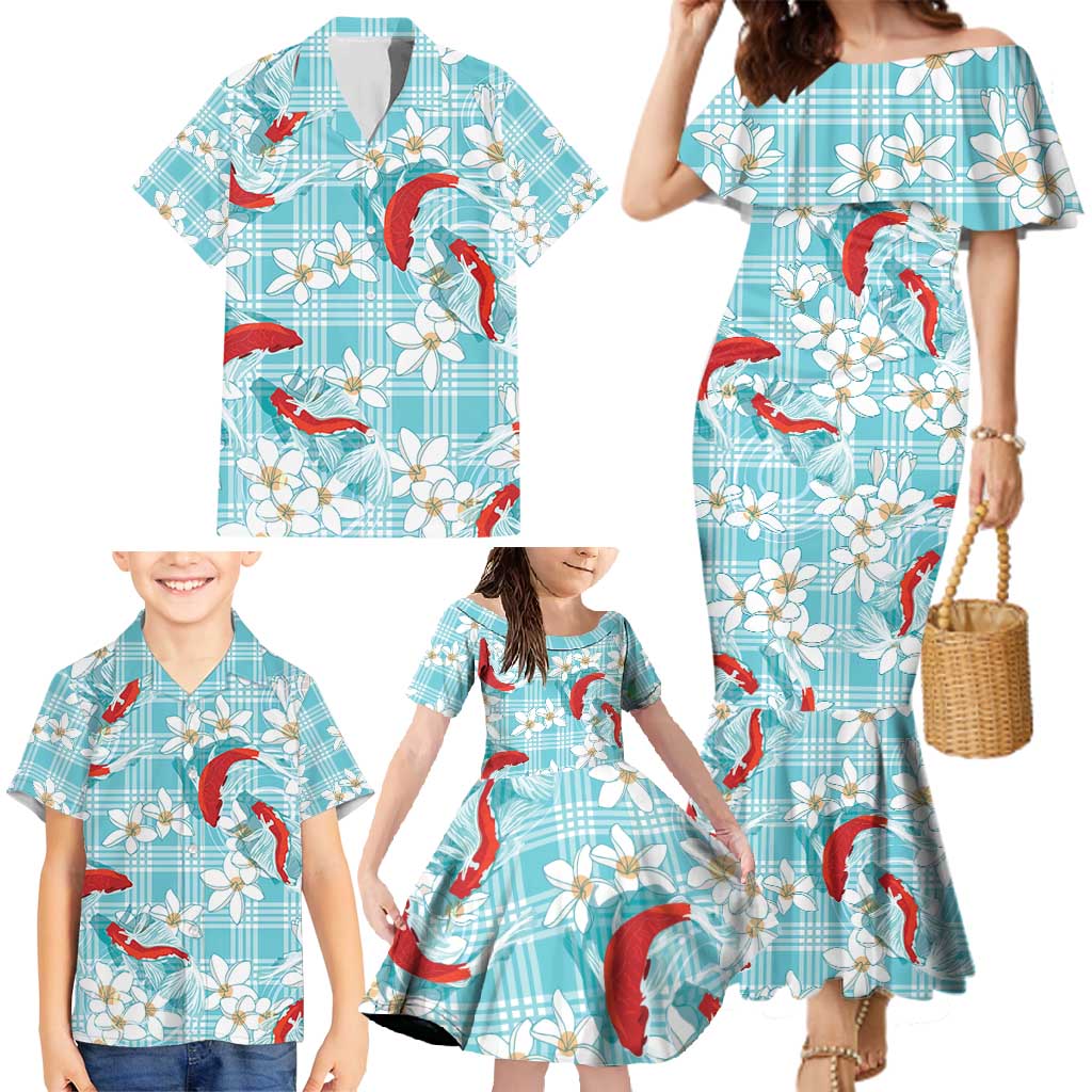 Turquoise Palaka Hawaii Aloha Family Matching Mermaid Dress and Hawaiian Shirt Koi Pond Mix Plumeria - Polynesian Pride