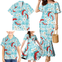 Turquoise Palaka Hawaii Aloha Family Matching Mermaid Dress and Hawaiian Shirt Koi Pond Mix Plumeria - Polynesian Pride