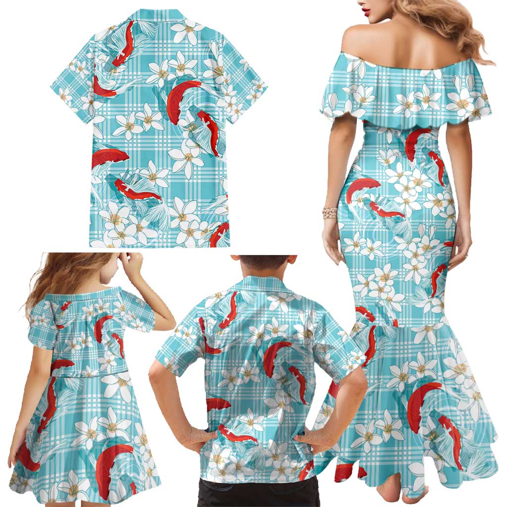 Turquoise Palaka Hawaii Aloha Family Matching Mermaid Dress and Hawaiian Shirt Koi Pond Mix Plumeria - Polynesian Pride