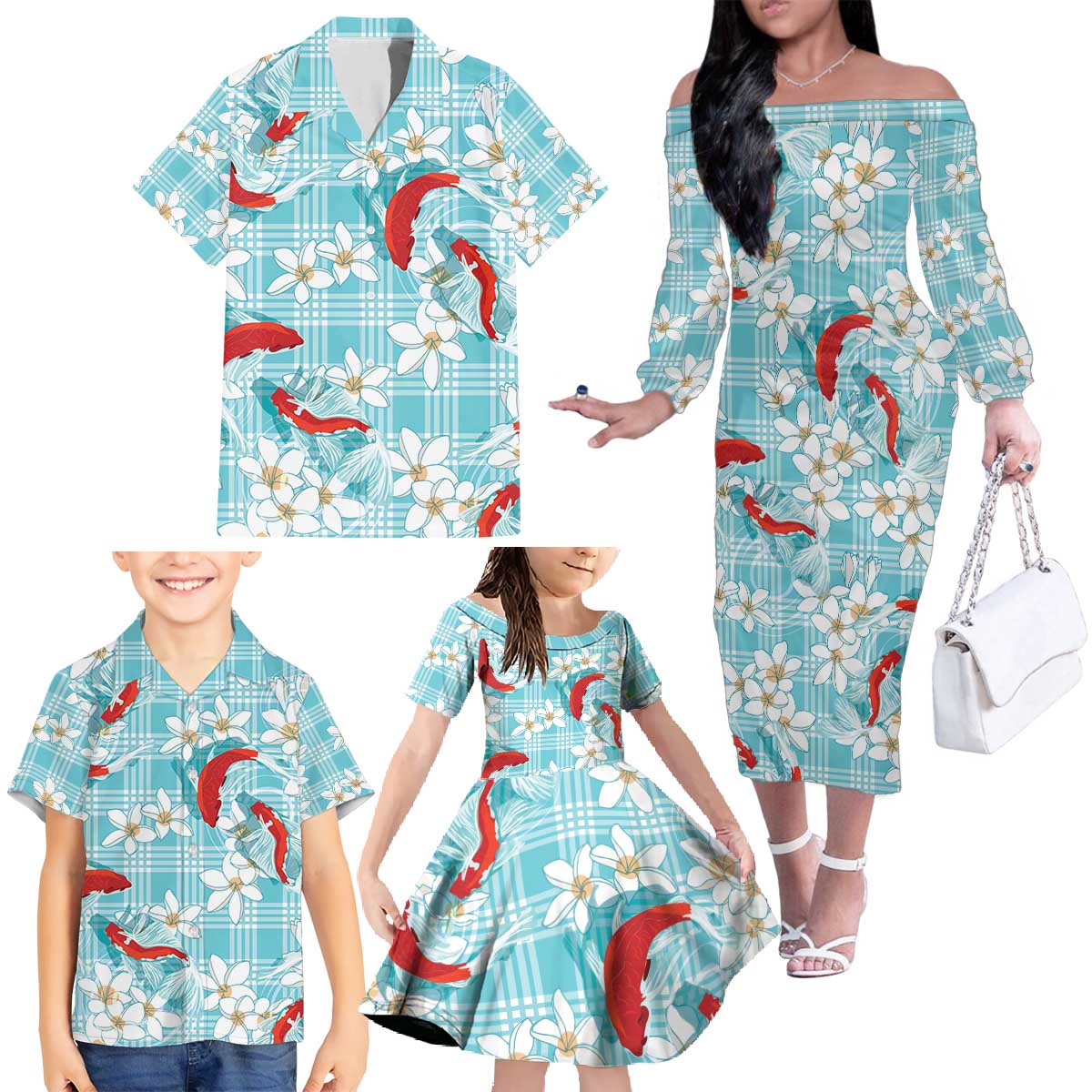 Turquoise Palaka Hawaii Aloha Family Matching Off The Shoulder Long Sleeve Dress and Hawaiian Shirt Koi Pond Mix Plumeria - Polynesian Pride