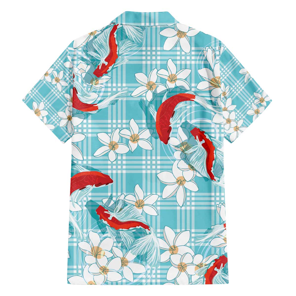 Turquoise Palaka Hawaii Aloha Family Matching Off The Shoulder Long Sleeve Dress and Hawaiian Shirt Koi Pond Mix Plumeria - Polynesian Pride