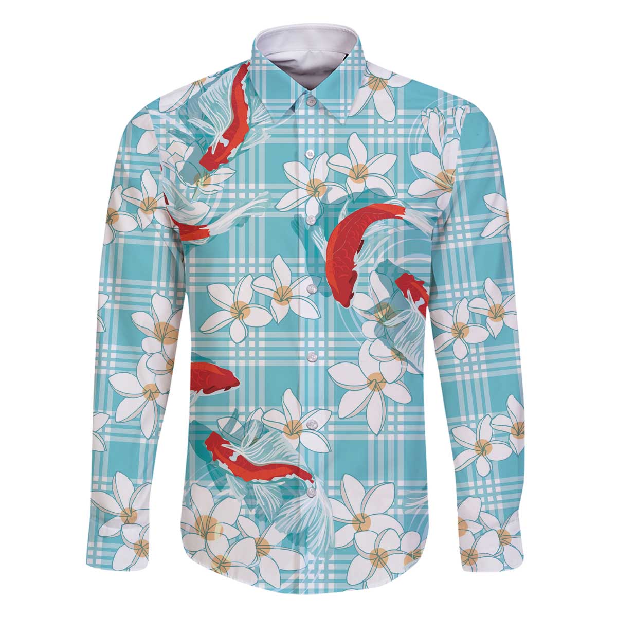 Turquoise Palaka Hawaii Aloha Family Matching Off The Shoulder Long Sleeve Dress and Hawaiian Shirt Koi Pond Mix Plumeria - Polynesian Pride