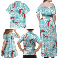 Turquoise Palaka Hawaii Aloha Family Matching Off Shoulder Maxi Dress and Hawaiian Shirt Koi Pond Mix Plumeria - Polynesian Pride