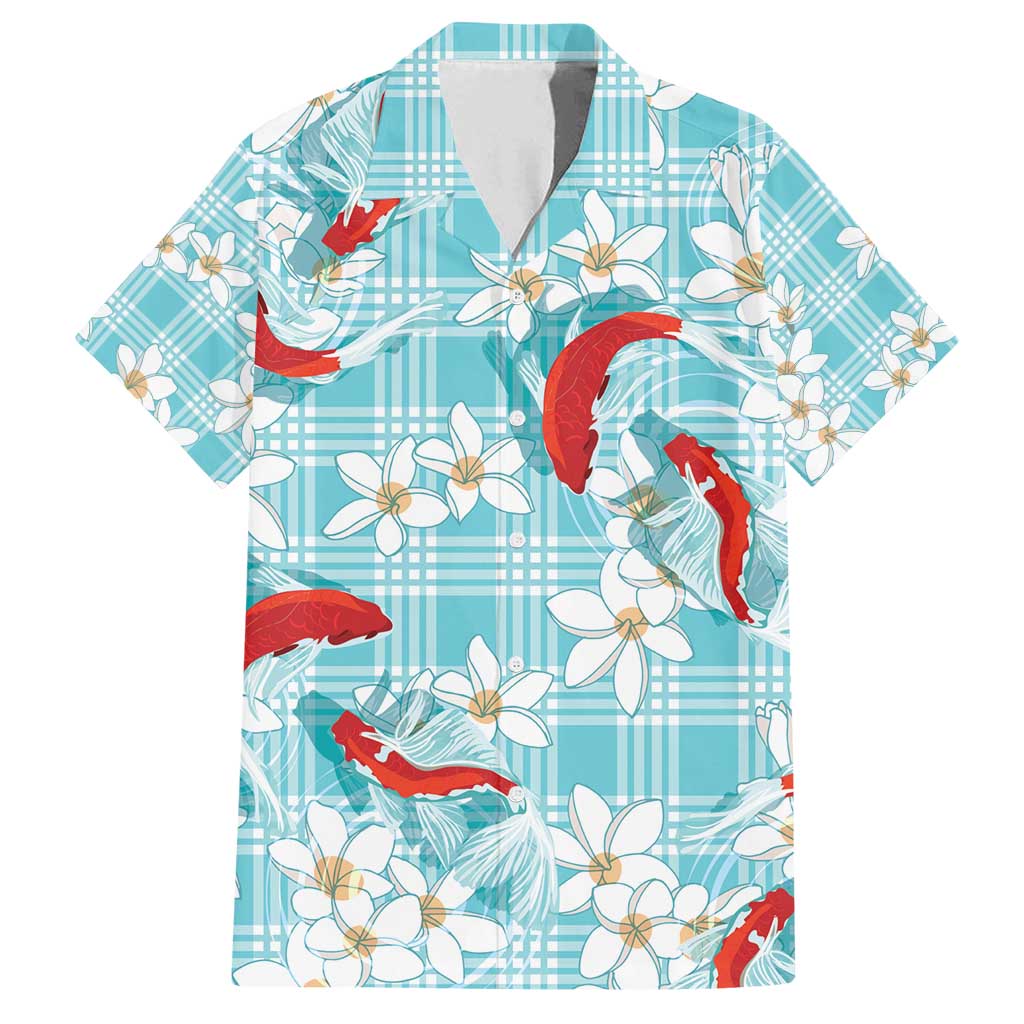 Turquoise Palaka Hawaii Aloha Family Matching Off Shoulder Maxi Dress and Hawaiian Shirt Koi Pond Mix Plumeria - Polynesian Pride