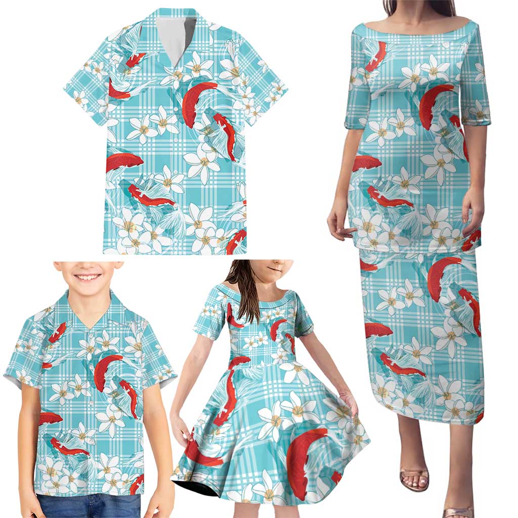 Turquoise Palaka Hawaii Aloha Family Matching Puletasi and Hawaiian Shirt Koi Pond Mix Plumeria - Polynesian Pride