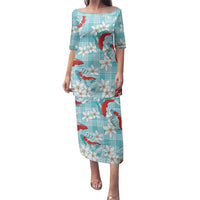Turquoise Palaka Hawaii Aloha Family Matching Puletasi and Hawaiian Shirt Koi Pond Mix Plumeria - Polynesian Pride