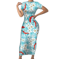 Turquoise Palaka Hawaii Aloha Family Matching Short Sleeve Bodycon Dress and Hawaiian Shirt Koi Pond Mix Plumeria - Polynesian Pride