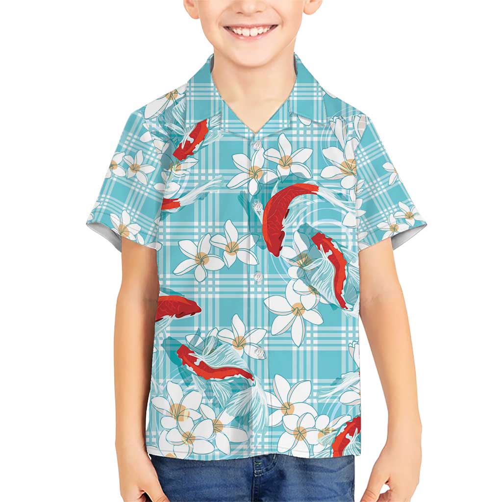 Turquoise Palaka Hawaii Aloha Kid Hawaiian Shirt Koi Pond Mix Plumeria - Polynesian Pride