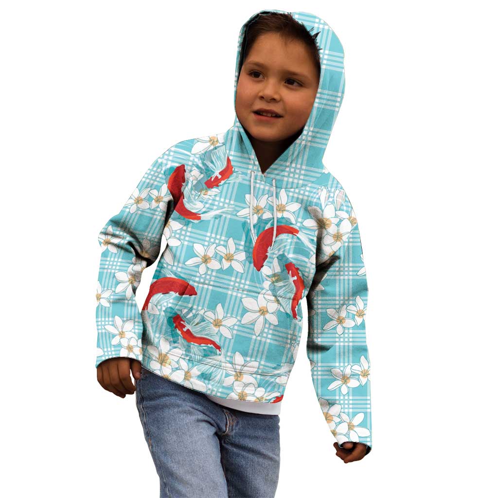 Turquoise Palaka Hawaii Aloha Kid Hoodie Koi Pond Mix Plumeria - Polynesian Pride